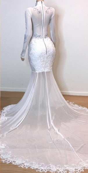 White Long Sleeves Mermaid High Neck Lace Prom Dresses with Slit
