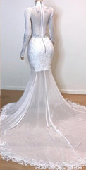 White Long Sleeves Mermaid High Neck Lace Prom Dresses with Slit