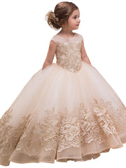 Ball Gown Long Tulle Lace Sleeveless Jewel Neck Flower Girl Dresses