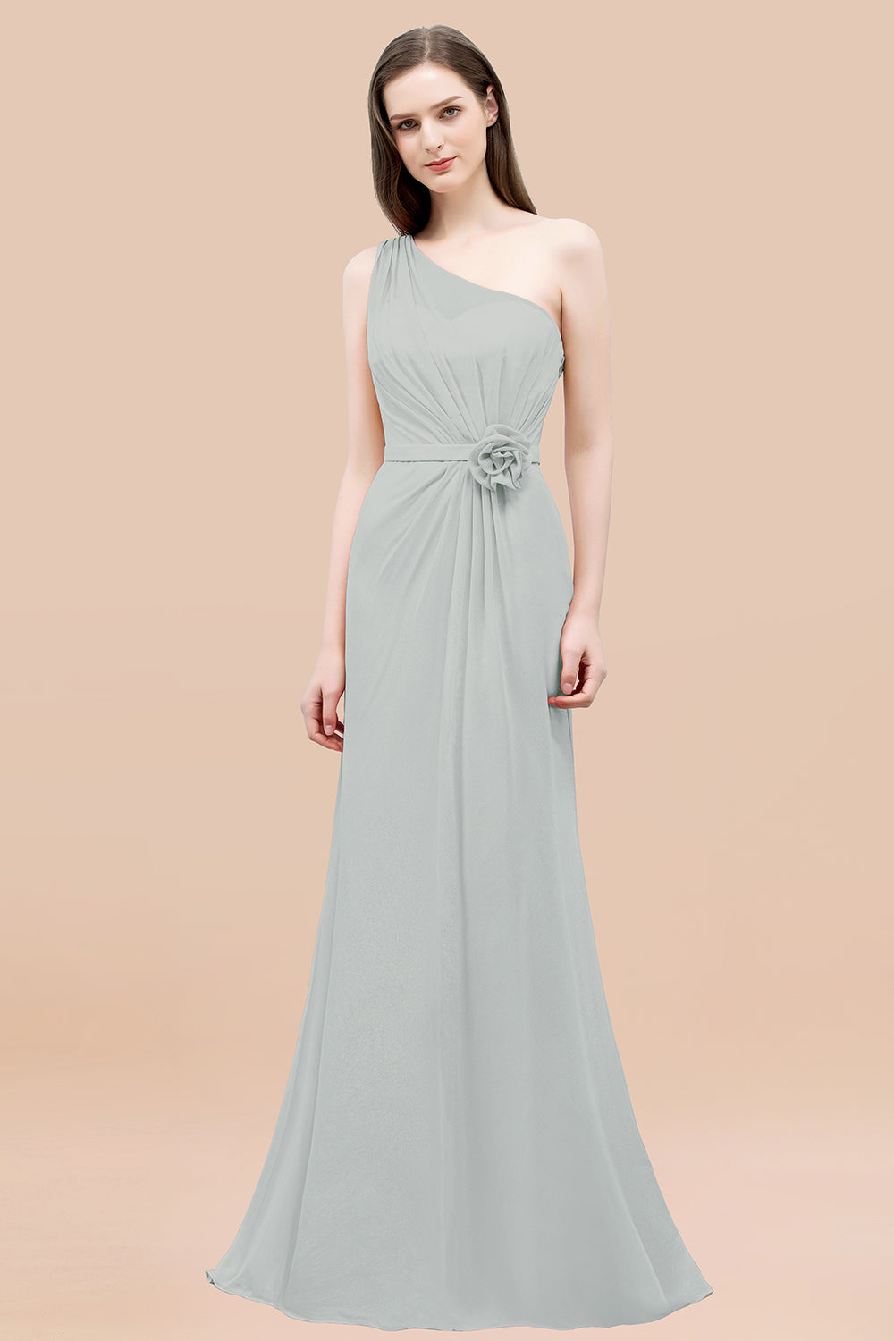Mermaid Chiffon One Shoulder Sleeveless Ruffled Floor Length Bridesmaid Dresses with Flower