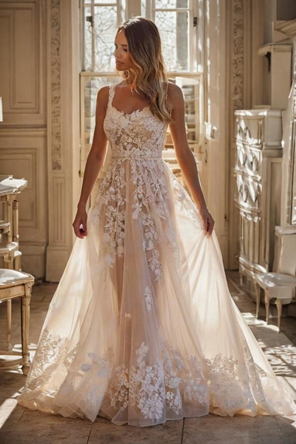 Long Appliques Lace Spaghetti Straps Tulle A-Line Wedding Dresses with Ruffles