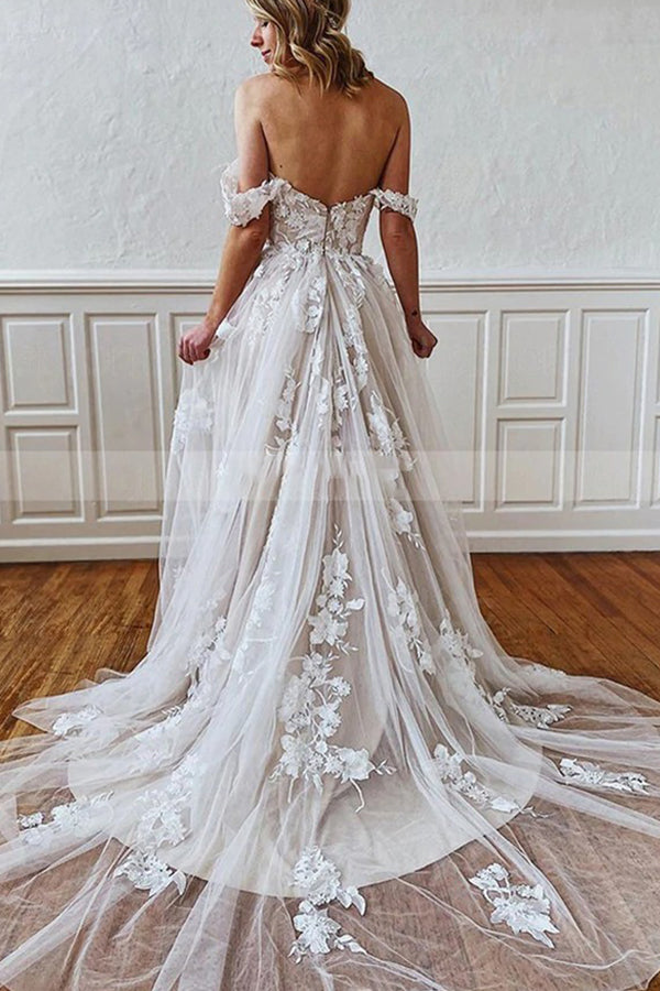 Elegant Long Straps Sweetheart Appliques Lace A-line Wedding Dresses