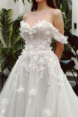 Chic Long A-line Off the Shoulder Tulle Wedding Dress with Lace Appliques