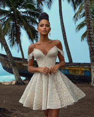 Chic Short A-line Off the shoulder Lace Wedding Dress