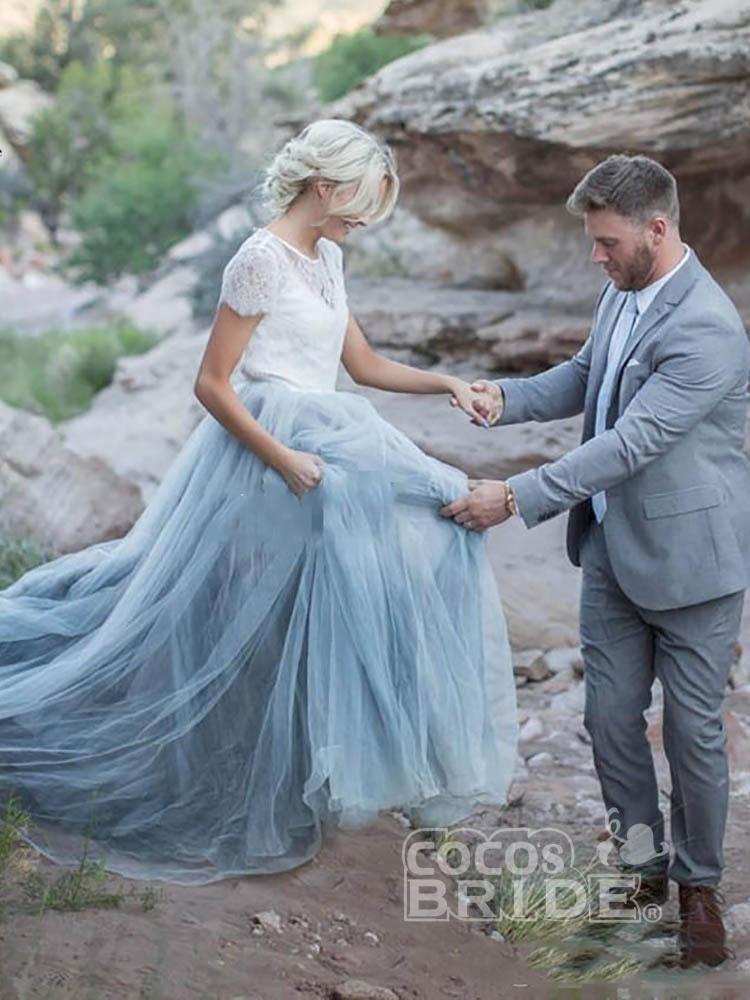 Two Piece A-line Long Sweep Train Tulle Wedding Dresses with Short Sleeves