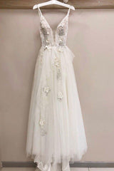 A-line Tulle V Neck Lace Applique Long Wedding Dress