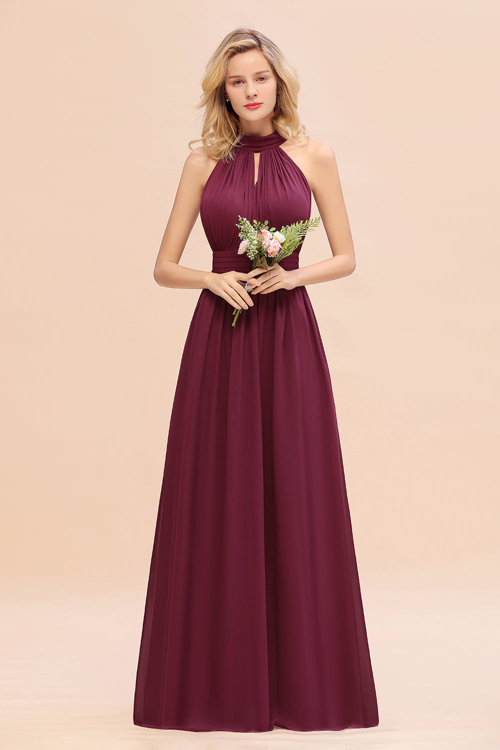 Dusty Sage Long High Neck Chiffon Bridesmaid Dresses with Ruffle