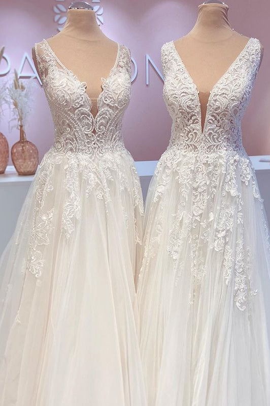 Long Wide Straps Open Back A-Line Tulle Appliques Lace Train Wedding Dress