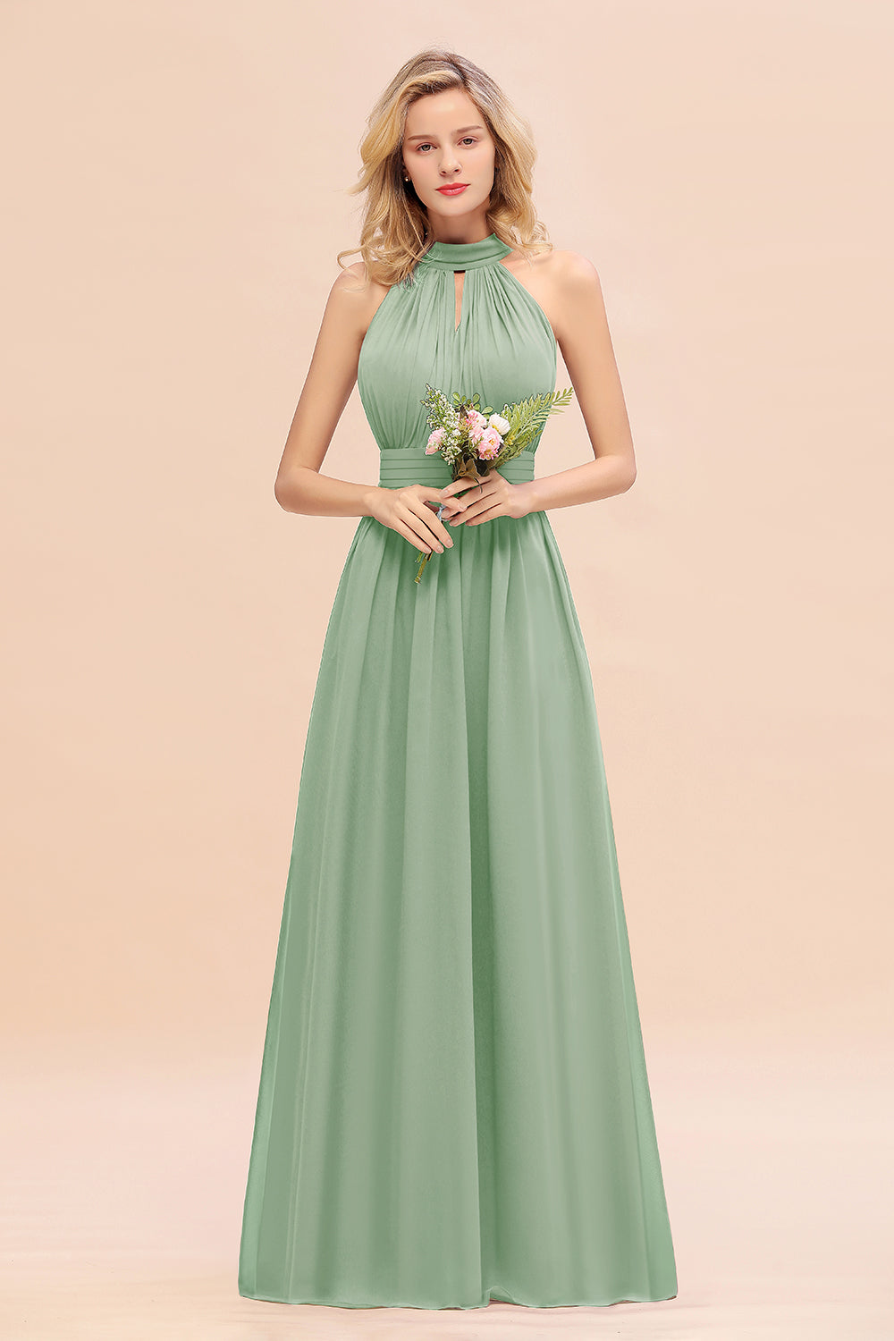 Dusty Sage Long High Neck Chiffon Bridesmaid Dresses with Ruffle
