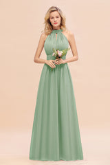 Dusty Sage Long High Neck Chiffon Bridesmaid Dresses with Ruffle