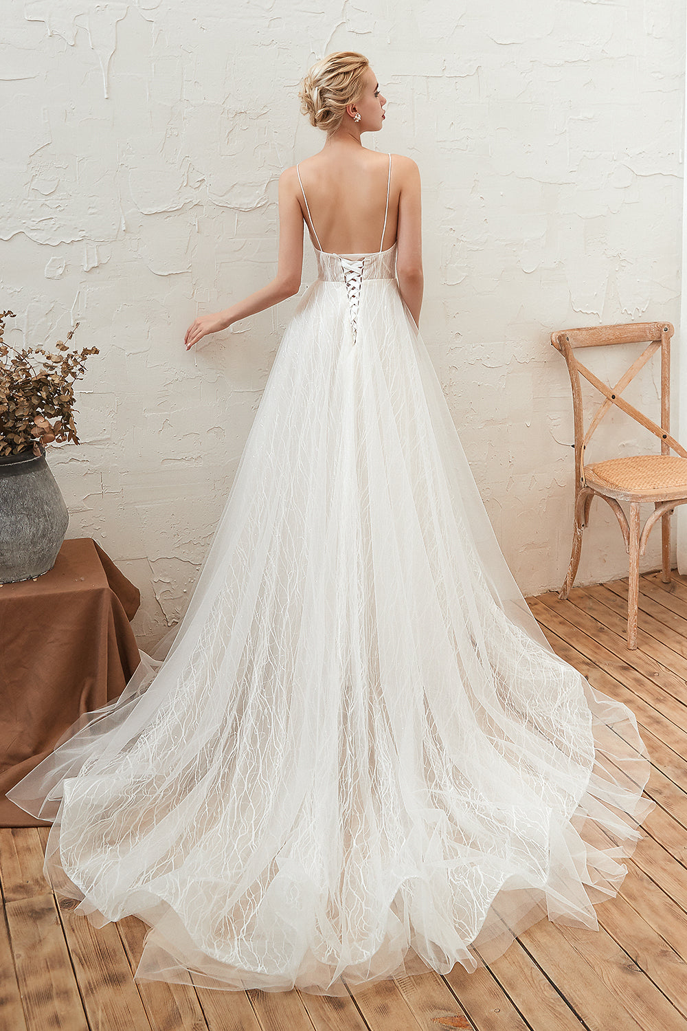 Classy A-Line Long V-neck Floor Length Lace Tulle Open Back Wedding Dress