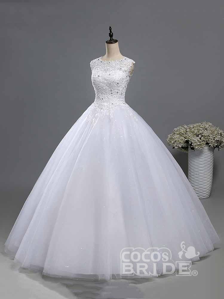 Elegant Long A-line Beads Lace-Up Ruffles Tulle Wedding Dresses