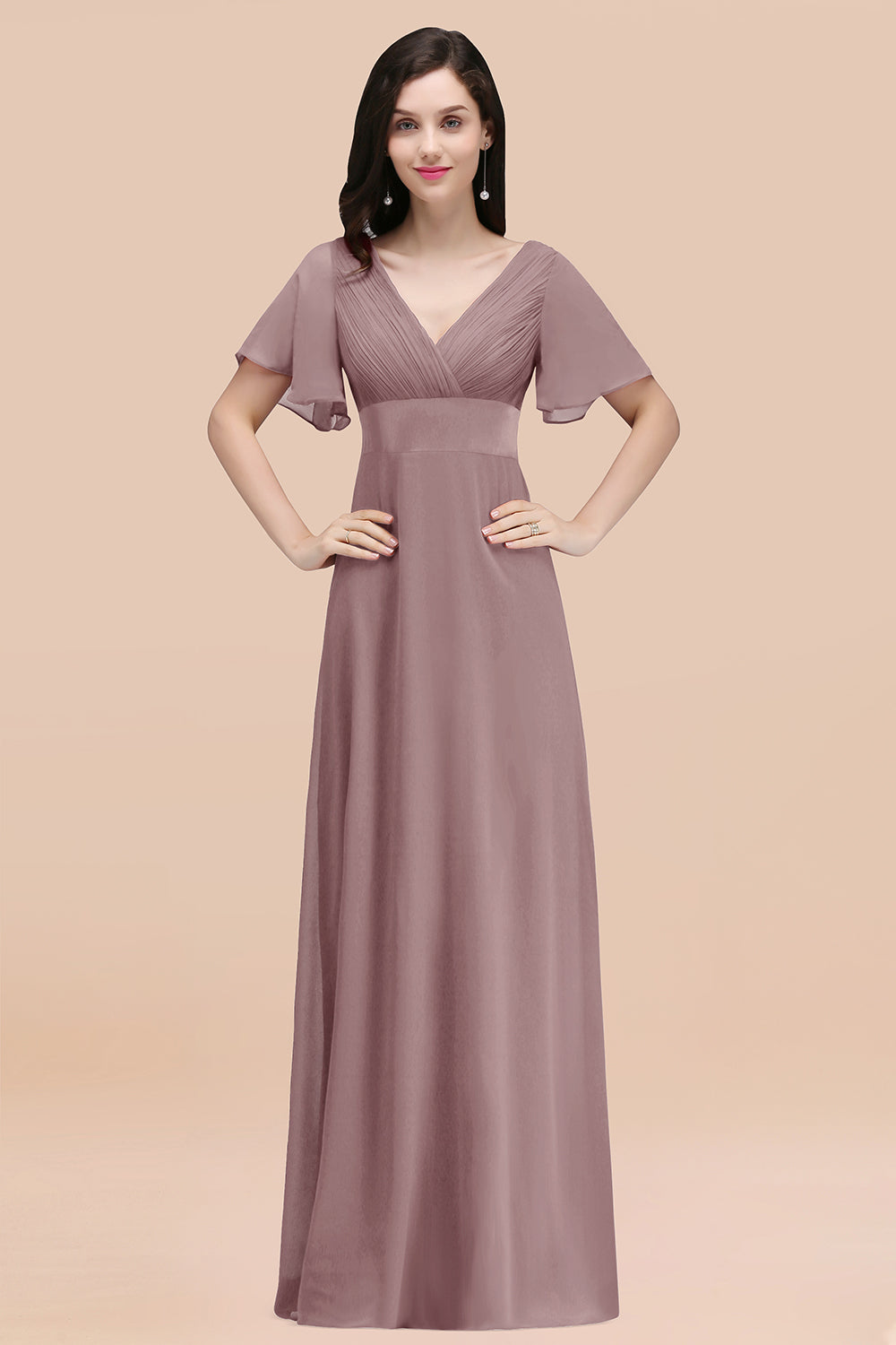 Simple A-Line Chiffon V-Neck Short Sleeves Ruffles Floor Length Bridesmaid Dresses