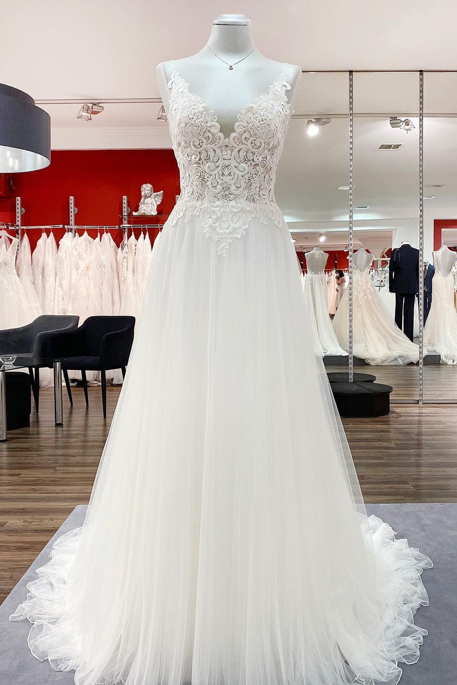 Classy Long A-line Tulle V Neck Sleeveless Ruffles Wedding Dress With Lace
