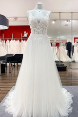 Classy Long A-line Tulle V Neck Sleeveless Ruffles Wedding Dress With Lace