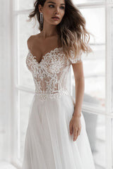 Elegant Long A-line Off the Shoulder Appliques Tulle Wedding Dress with Short Sleeve