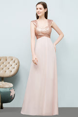 A-line Chiffon Sequins Straps Sweetheart Sleeveless Floor Length Bridesmaid Dresses