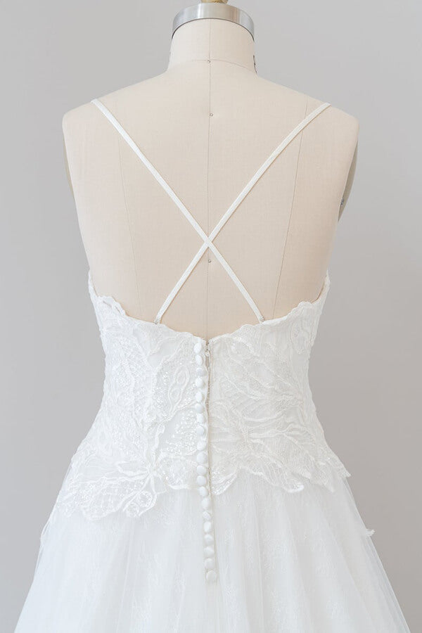 Long Sweetheart Spaghetti Strap Applique Tulle A-line Wedding Dress