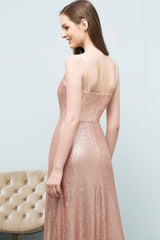 A-line Sequined V-Neck Spaghetti Straps Sleeveless Floor Length Bridesmaid Dress