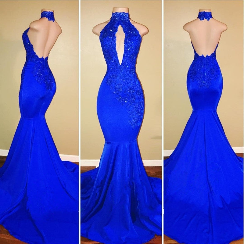 Mermaid Floor Length Halter Keyhole Neckline Satin Long Prom Dresses