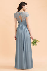 Cap Sleeves Chiffon A-Line Bridesmaid Dress Floor Length Ruffles Evening Dresses