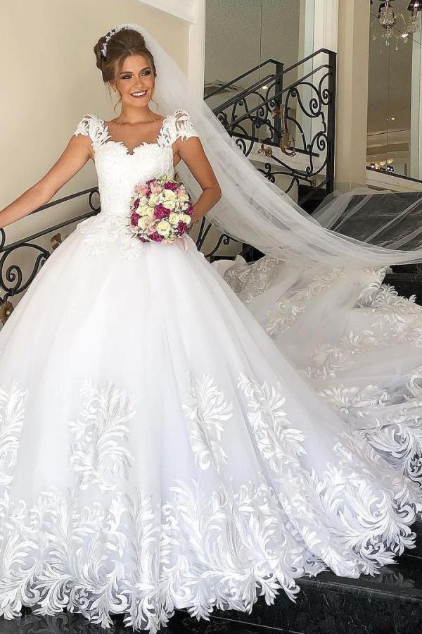 Elegant Long A-line Princess Tulle Lace Wedding Dress with Cap Sleeves
