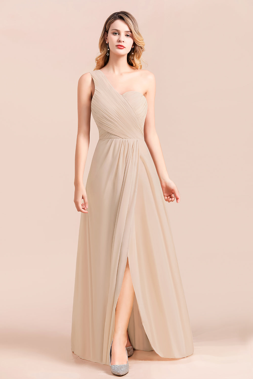 Simple One Shoulder Wedding Guest Dress A-Line Chiffon Bridesmaid Dress With Side Slit