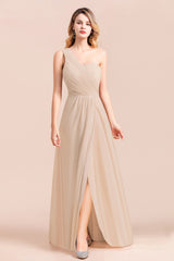 Simple One Shoulder Wedding Guest Dress A-Line Chiffon Bridesmaid Dress With Side Slit