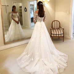 Long A Line Tulle Floral Lace Appliques Wedding Dresses With Sleeves