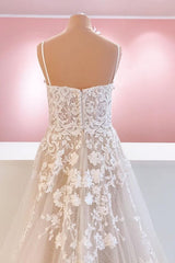 Classy Long Spaghetti Straps Appliques Lace A-Line Tulle Backless Wedding Dress