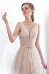 A-line Sleeveless Long Tulle Appliques Evening Dresses