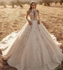 Gorgeous Long A-Line High Neck Appliques Lace Tulle Wedding Dress with Long Sleeve
