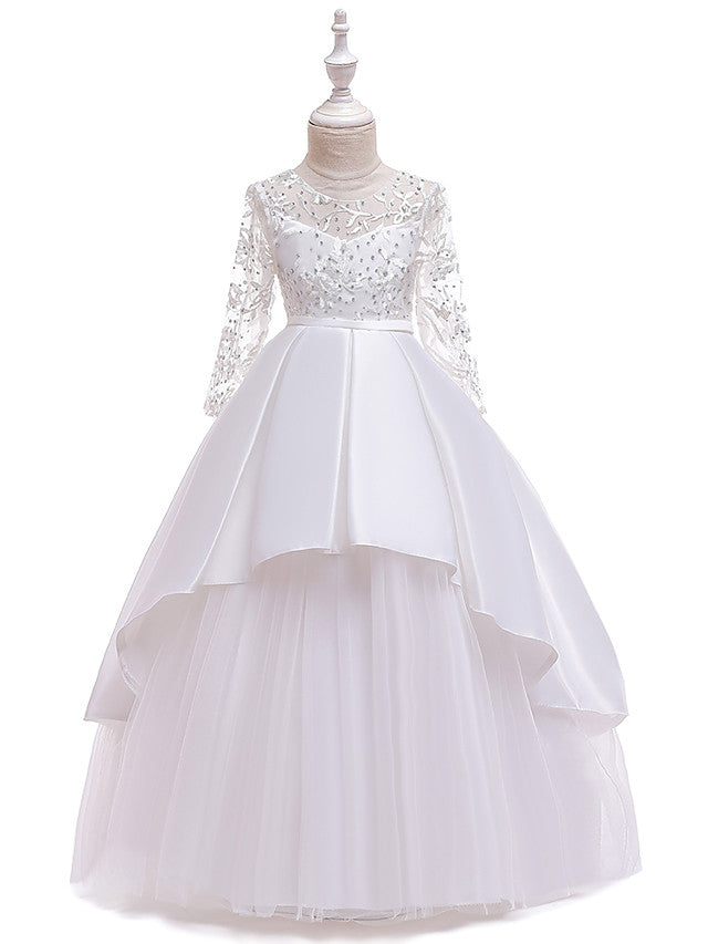 Long Ball Gown Satin Tulle Flower Girl Dresses with Sleeves