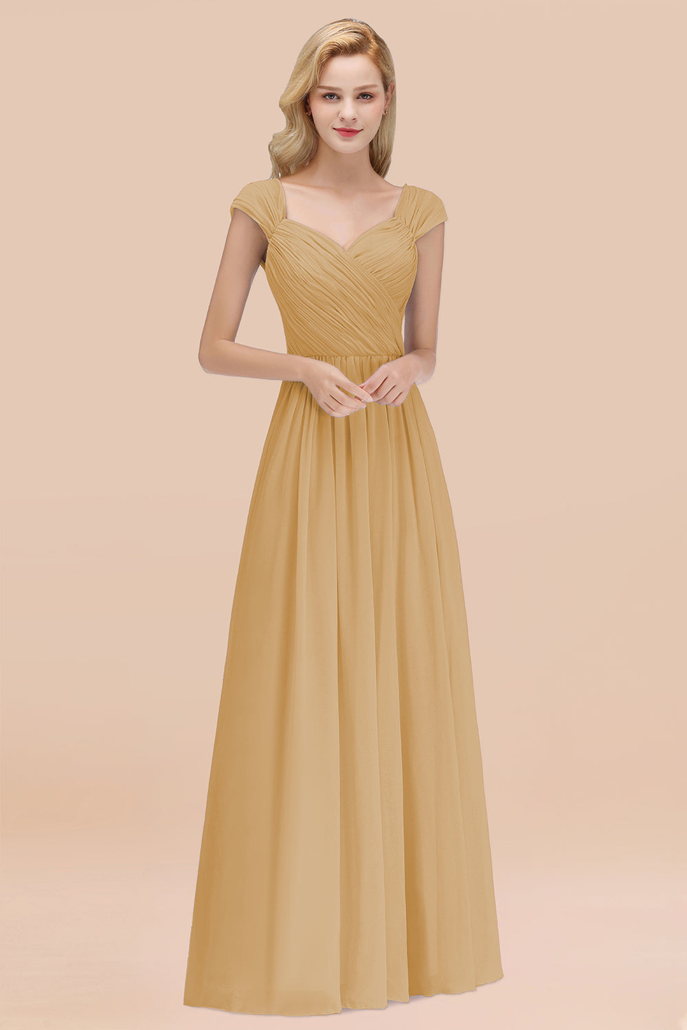 A-Line Chiffon Straps Sweetheart Sleeveless Floor Length Bridesmaid Dress with Ruffles