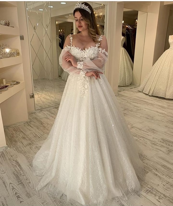 Long A-line Sweetheart Spaghetti Straps Wedding Dress with Sleeves