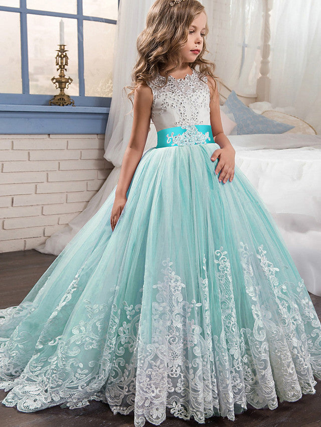 Long A-line Tulle Lace Sleeveless Jewel Neck Pageant Flower Girl Dresses
