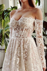 Off The Shoulder Long Sleeve Open Back A Line Tulle Wedding Dresses with Appliques Lace