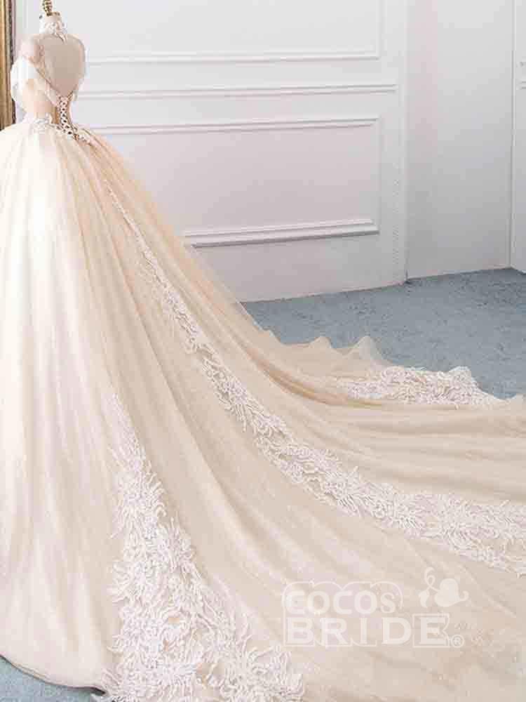 Elegant Long High Neck Tassel Sleeves Ball Gown Wedding Dresses
