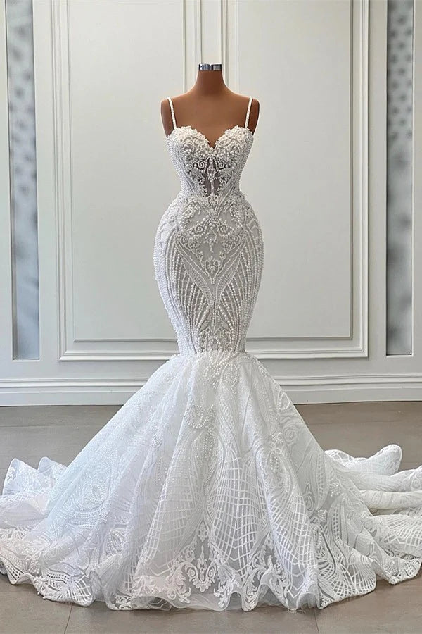 Spaghetti Straps Sweetheart Sleeveless Mermaid Lace Wedding Dresses