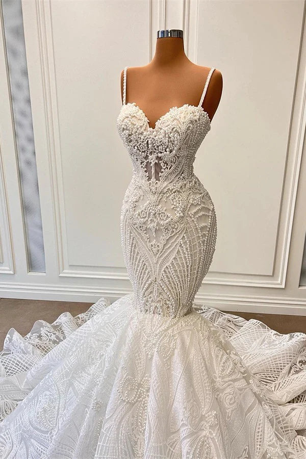 Spaghetti Straps Sweetheart Sleeveless Mermaid Lace Wedding Dresses