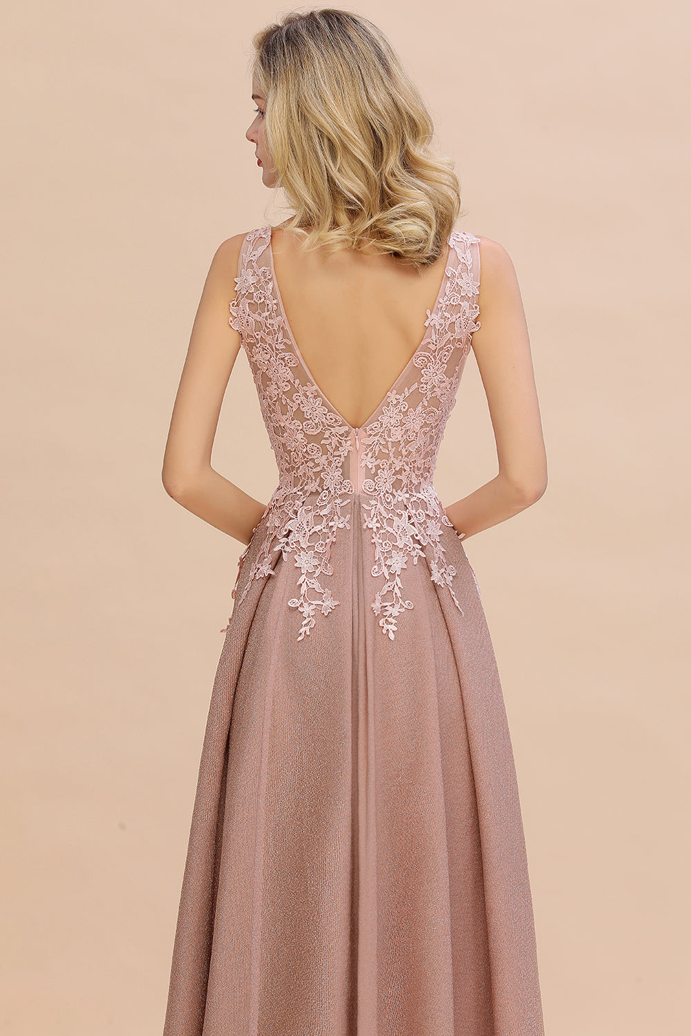 Long A-line V-neck Sleeveless Lace Bridesmaid Dresses