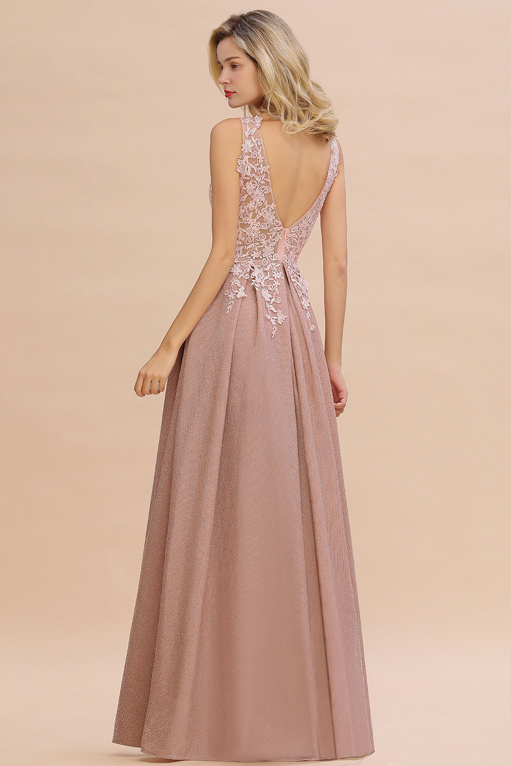 Long A-line V-neck Sleeveless Lace Bridesmaid Dresses