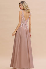 Long A-line V-neck Sleeveless Lace Bridesmaid Dresses