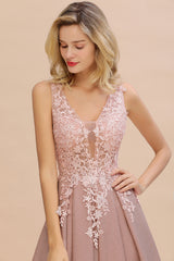Long A-line V-neck Sleeveless Lace Bridesmaid Dresses