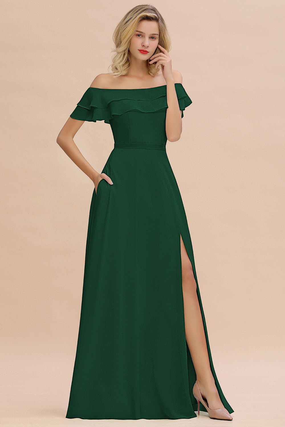 Off the Shoulder Front Slit Mint Green Long Bridesmaid Dress