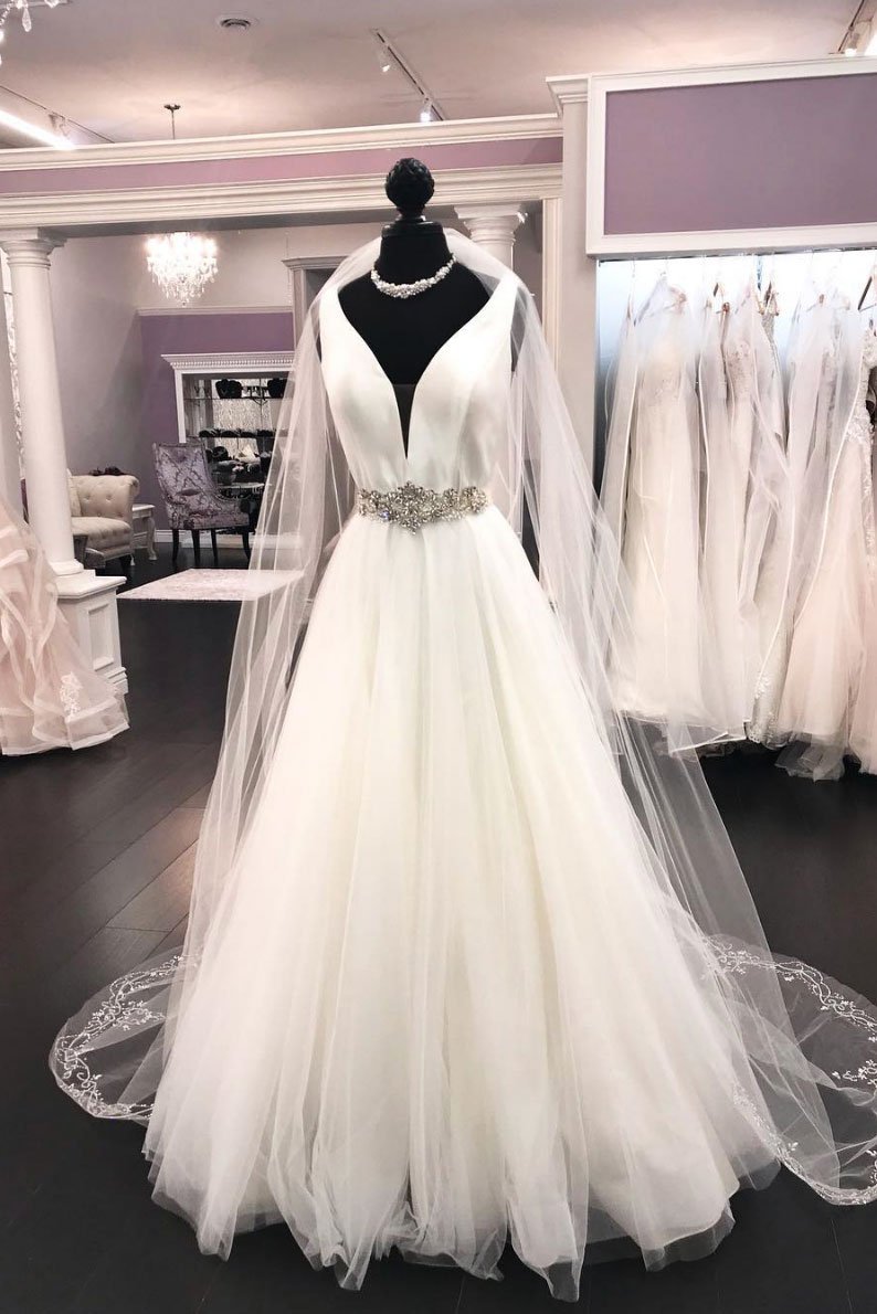White A-line Satin Tulle V Neck Long Wedding Dress