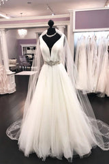 White A-line Satin Tulle V Neck Long Wedding Dress