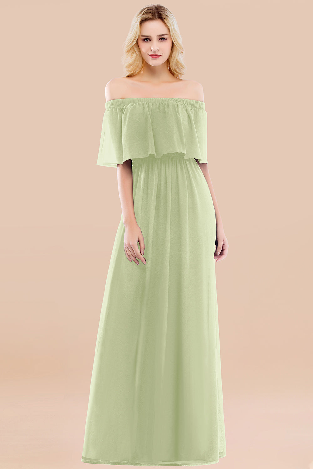A-line Chiffon Off the Shoulder Short Sleeves Ruffles Floor Length Bridesmaid Dress