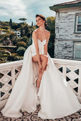 Long Mermaid Sweetheart Ruched Satin Side Split Wedding Dress with Sweep Train