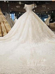 Long Off the Shoulder Ball Gown Wedding Dresses Beaded Appliques